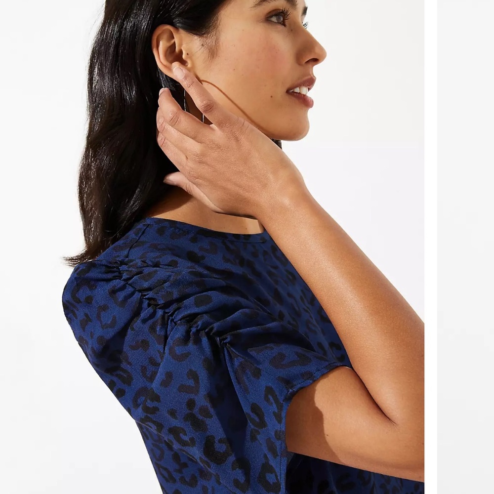XS Ann Taylor LOFT Leopard Print Puff Short Sleeve Top - NWT Animal Print Blouse - Picture 4 of 11